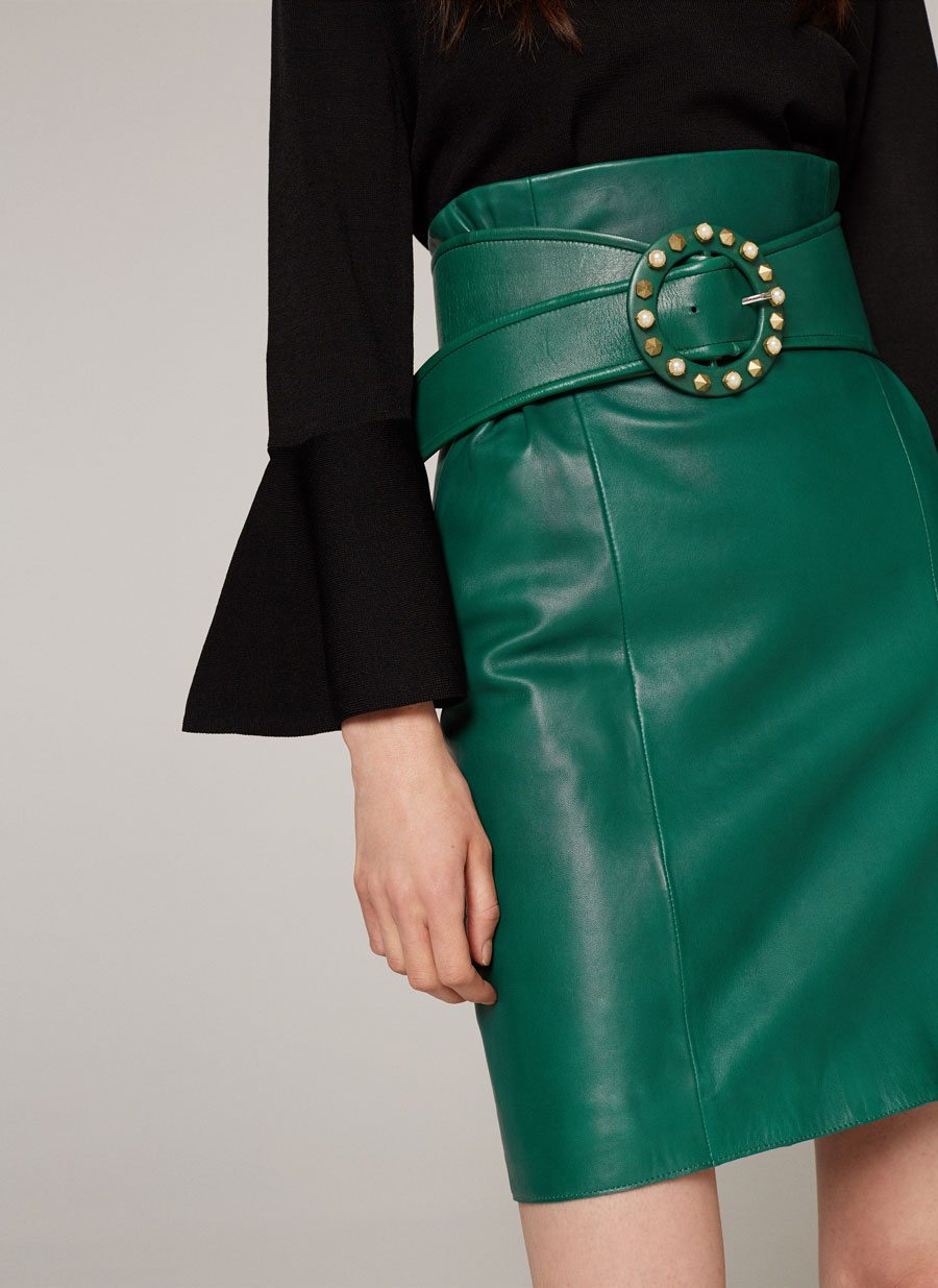 Green leather skirt with belt - - Uterqüe Jordan