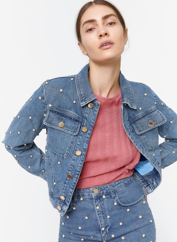 sunday funday blue oversized pearl denim jacket