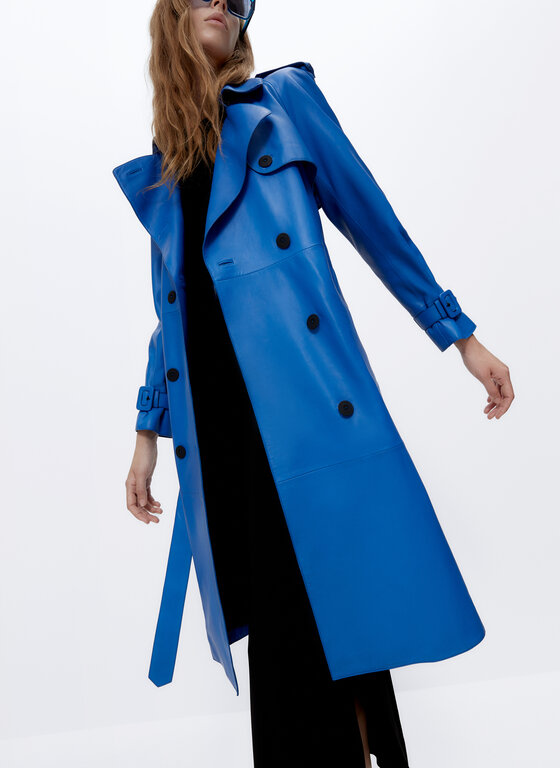 blue leather trench coat