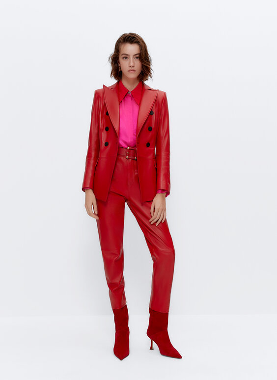 Double-breasted red leather blazer