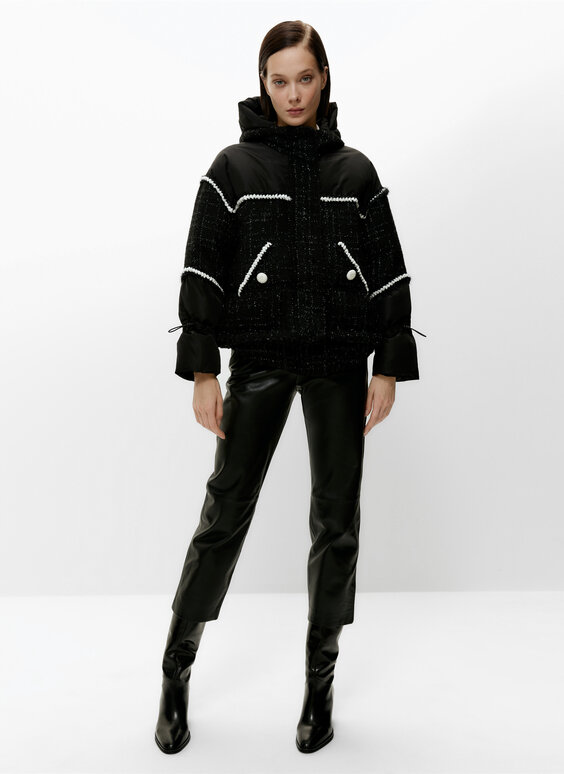 Contrast down puffer jacket with passementerie