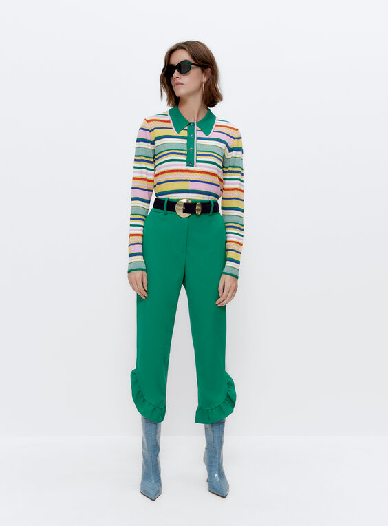 Irregular striped polo sweater