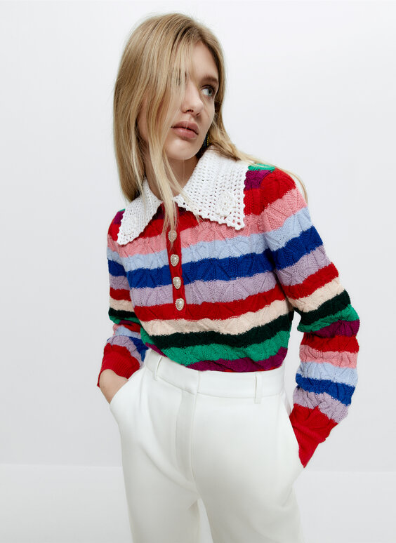 Striped crochet neck sweater