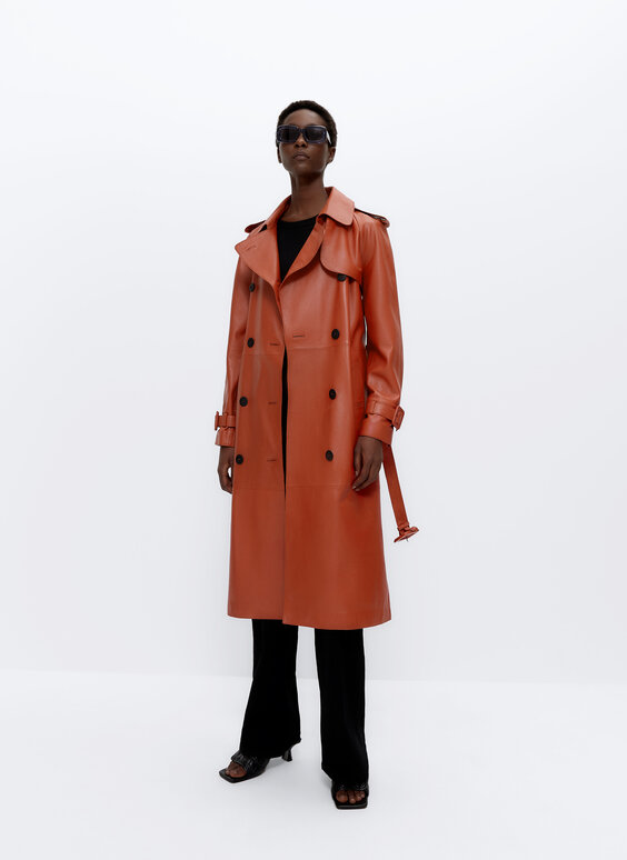 orange leather trench coat