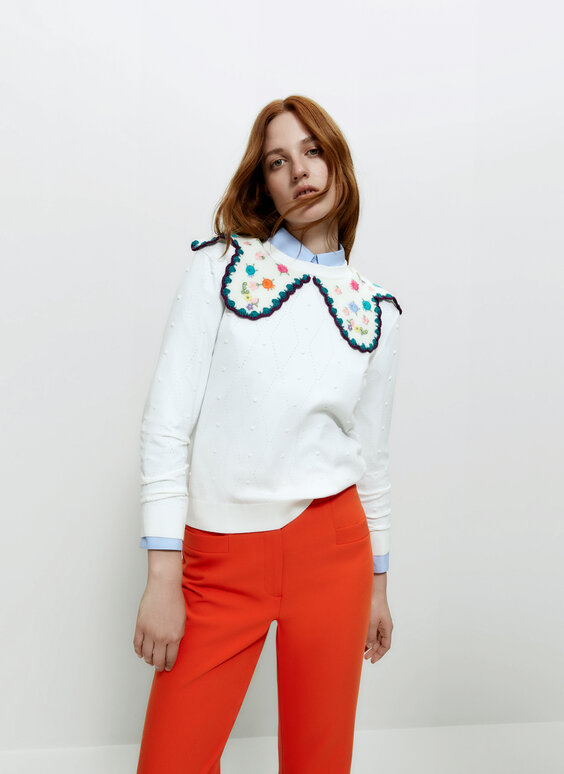 Sweater with embroidered floral collar