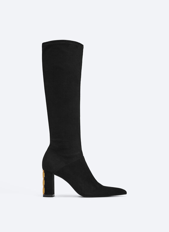 Knee-high suede boots with gem heels